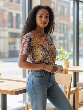 Johnny Was Multicolor Floral Patchwork Short-Sleeve Top